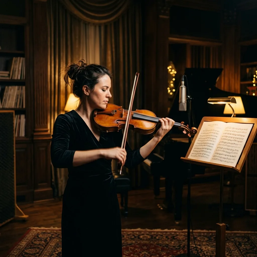 A violinist playing beside a music stand