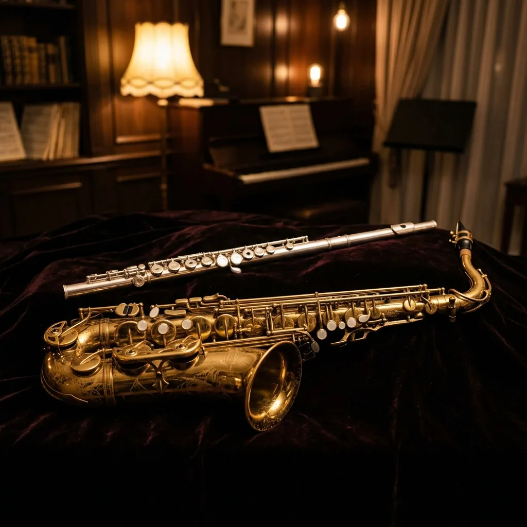 A saxophone and flute beside a piano